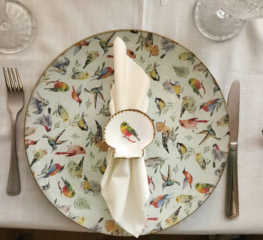 Conjunto plato base y servilletero  diseño pájaros  (8 personas)