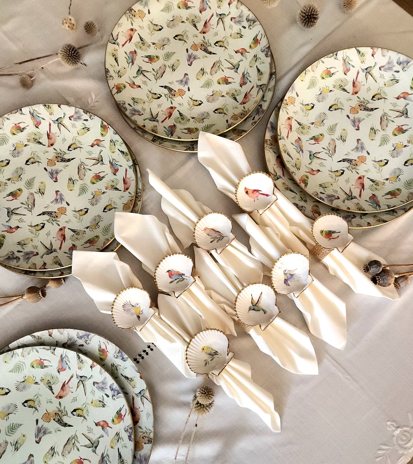 Conjunto plato base y servilletero  diseño pájaros  (8 personas)