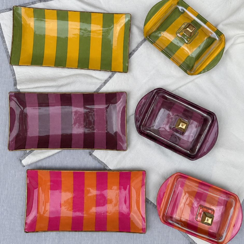 Pack mantequillera + bandeja 12x24cm diseño rayado verde y amarillo
