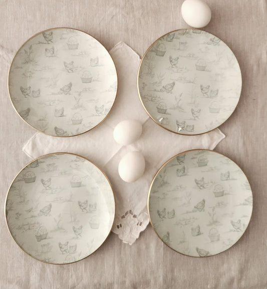 Conjunto 4 platos diseño gallinas variadas 19 cm