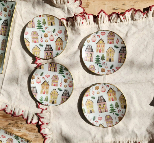 Conjunto 4 platos de pan 16 cm Casitas de navidad