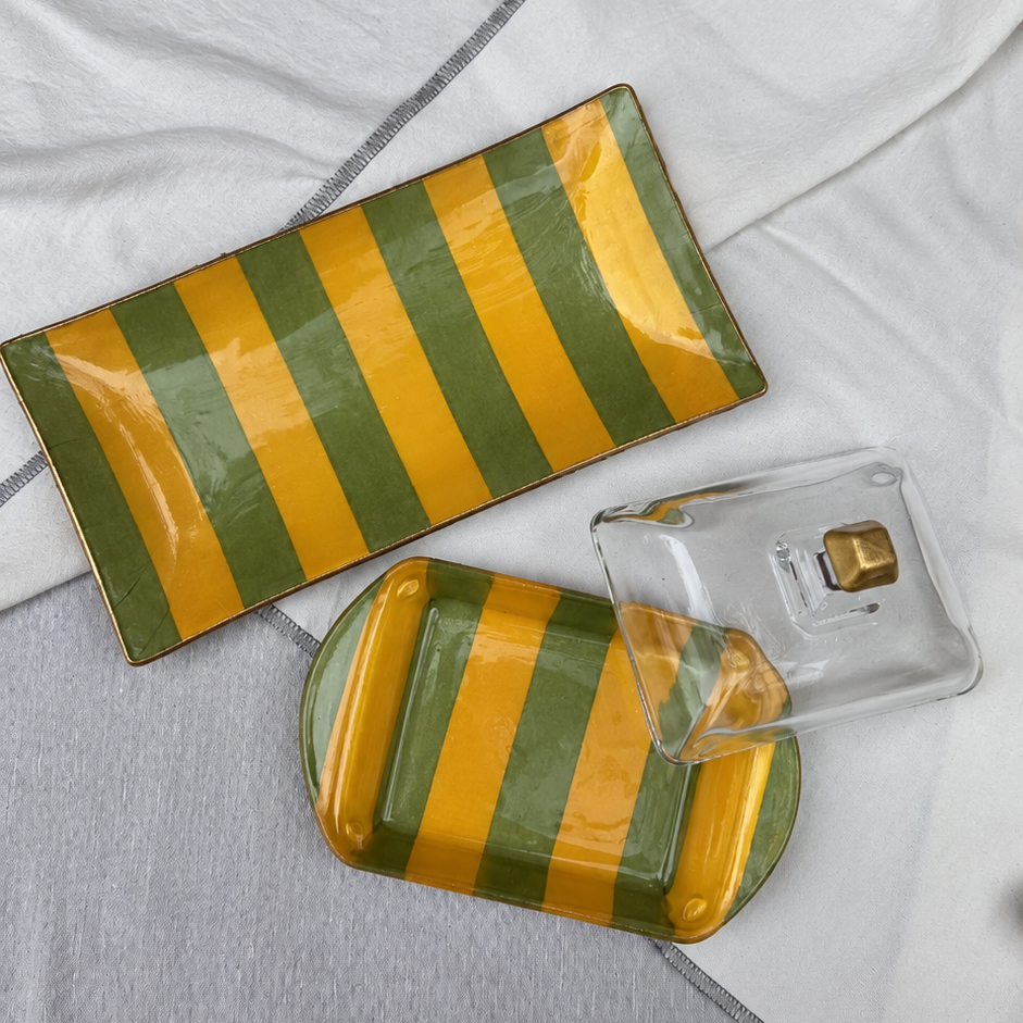 Pack mantequillera + bandeja 12x24cm diseño rayado verde y amarillo