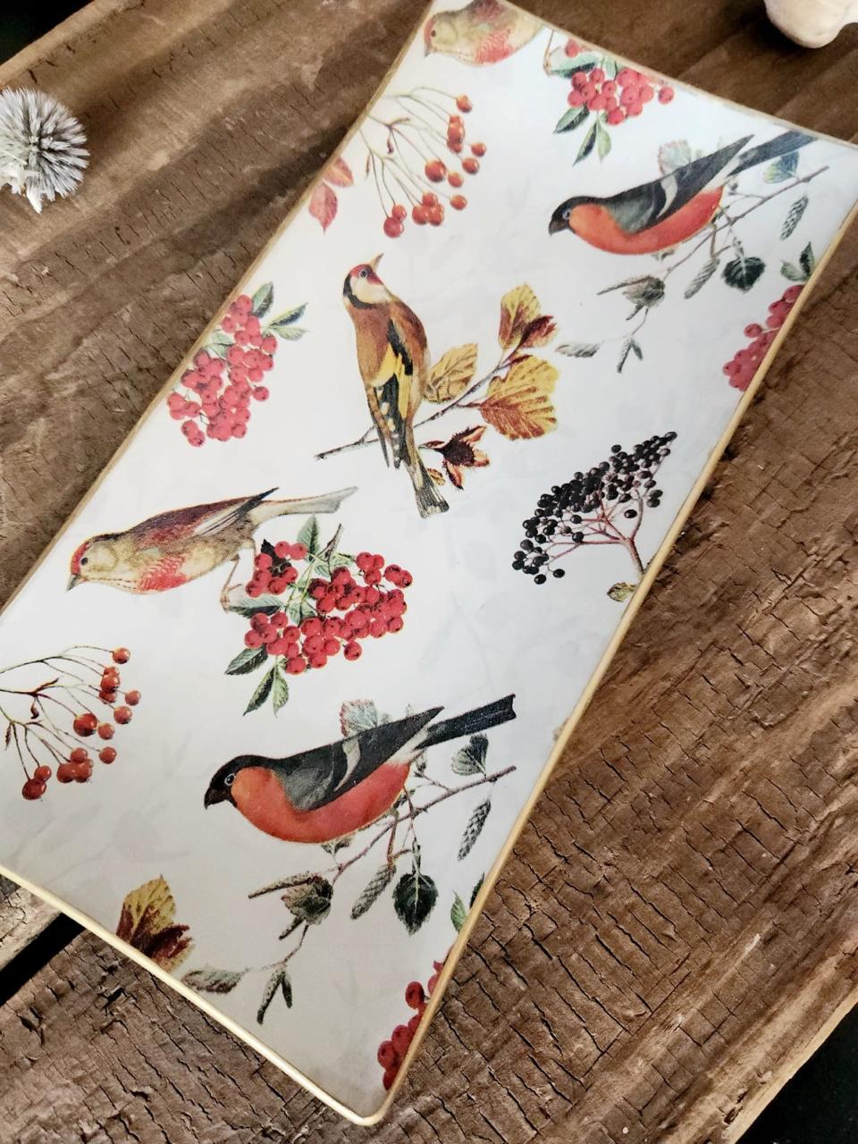 Bandeja rectangular diseño aves y berries 12x24cm