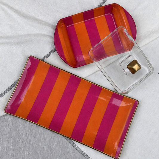 Pack mantequillera + bandeja 12x24cm diseño rayado fucsia y naranja