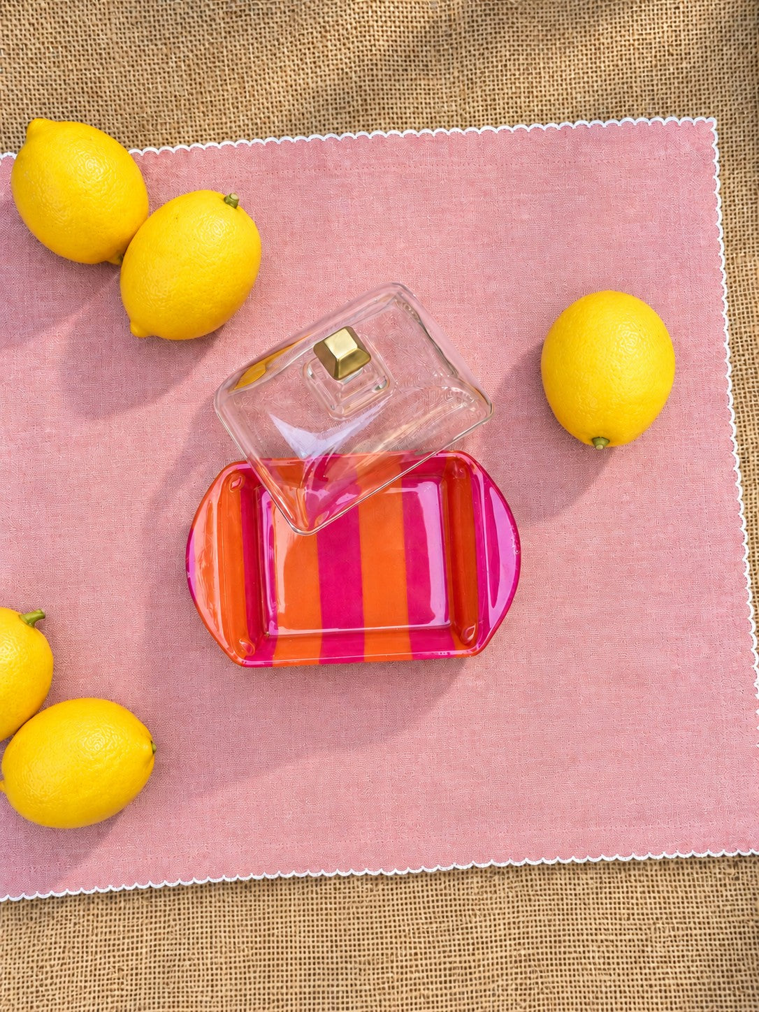 Mantequillera rayada fucsia con naranja