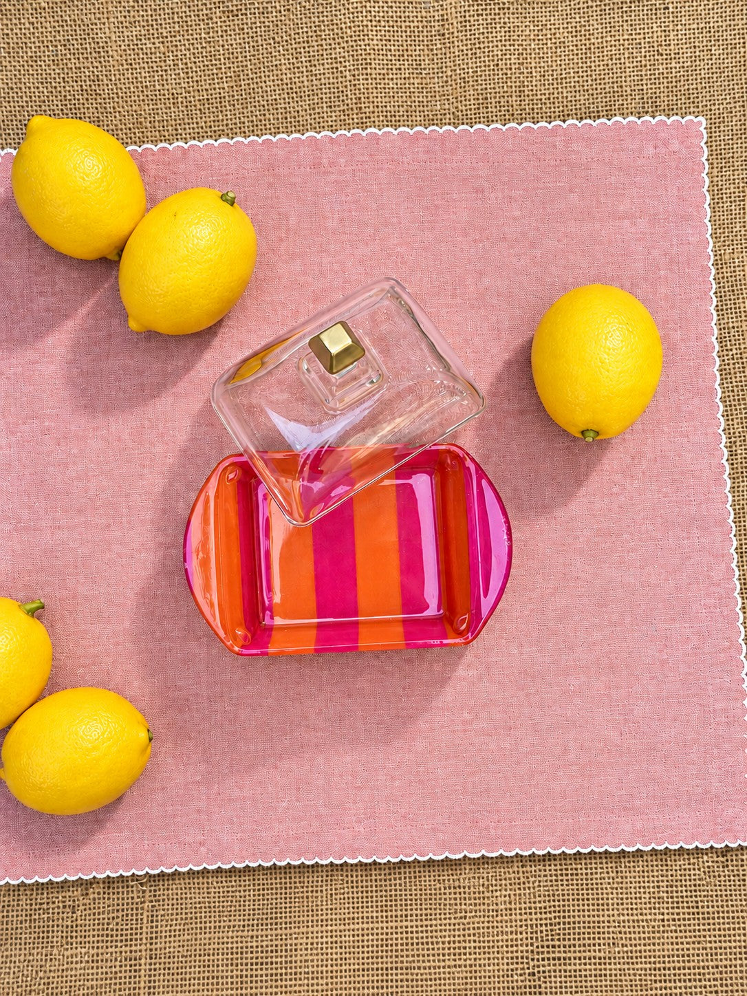 Mantequillera rayada fucsia con naranja