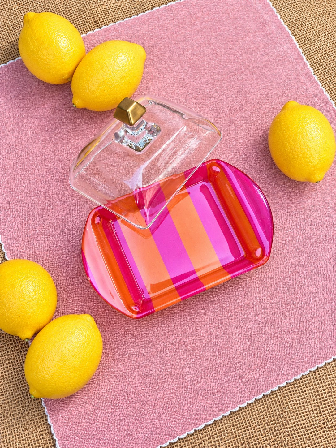 Mantequillera rayada fucsia con naranja