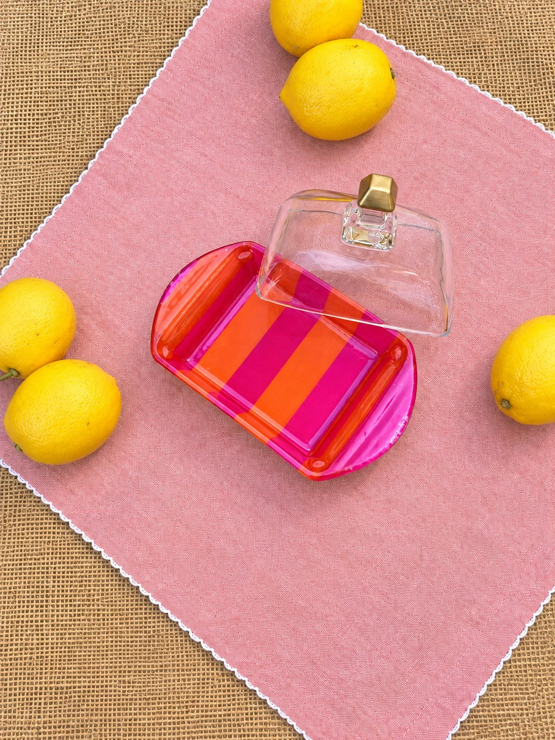 Mantequillera rayada fucsia con naranja