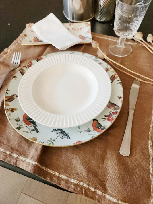Conjunto plato base y servilletero diseño Aves y Berries (8 personas)